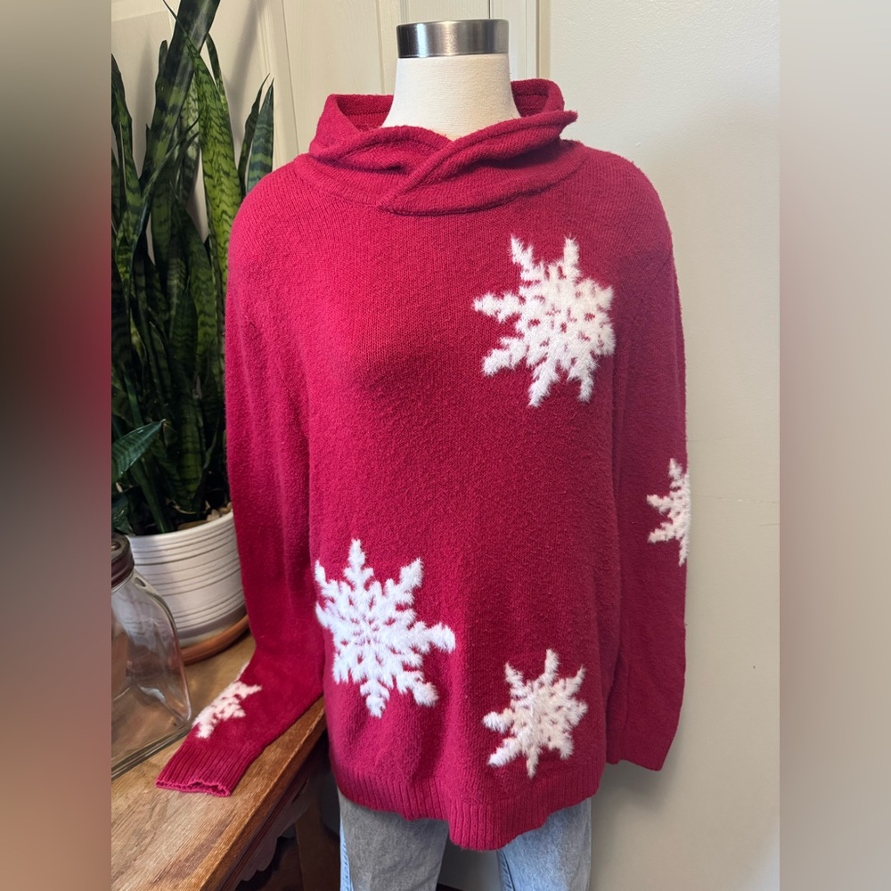 Red Snowflake Sweater XL Fold Over Neck holiday teacher‎ - Picture 8 of 8
